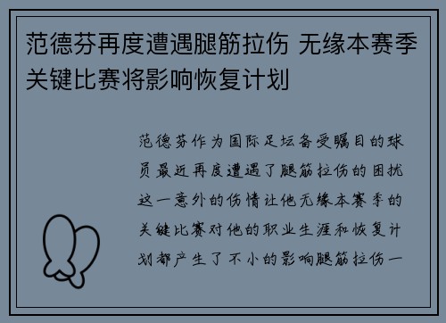范德芬再度遭遇腿筋拉伤 无缘本赛季关键比赛将影响恢复计划