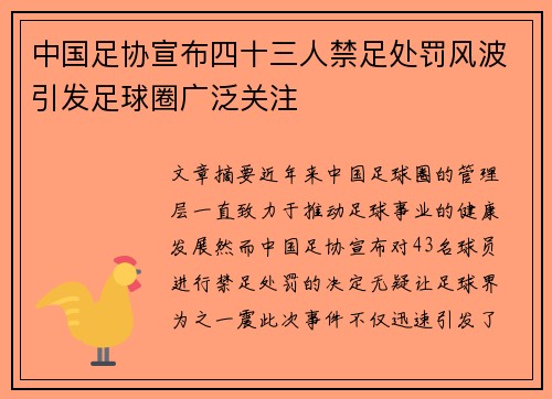 中国足协宣布四十三人禁足处罚风波引发足球圈广泛关注