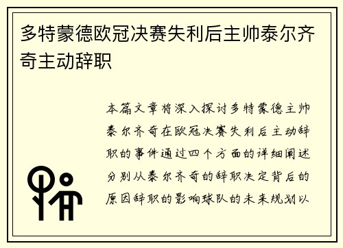 多特蒙德欧冠决赛失利后主帅泰尔齐奇主动辞职